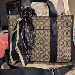 Gray/Navy Signature Canvas Tote with Navy Trim and Coach Scarf Accent